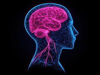 Neon Brain Visualization with Neural Pathways Representing Human Intelligence and Cognitive Functions in a Futuristic Style