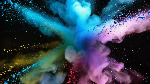Vibrant explosion of colored powder creating a stunning visual effect against a dark background.