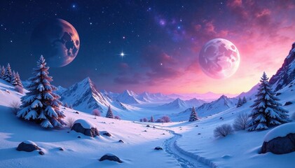 Naklejka premium Snowy galaxy landscape with stars and planets, icy, celestial bodies