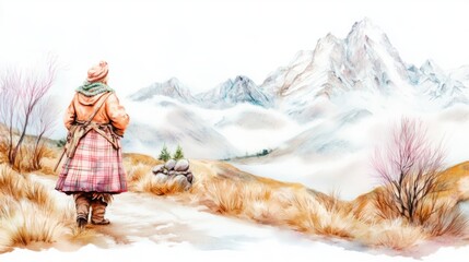 Fototapeta premium Serene Journey Through Majestic Mountains in Winter Landscape with Figure in Traditional Attire Enjoying Nature's Beauty and Tranquility