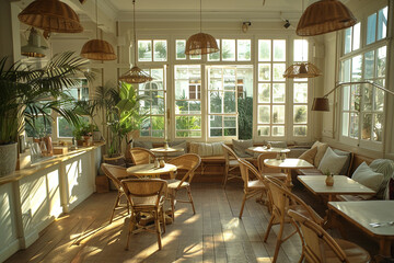 Bright Modern Cafe Interior with Wide Windows and Natural Light