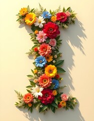 letter, I, floral, flowers, vibrant, colorful, artistic, elegant, design, organic, natural, red, yellow, pink, blue, white, blooms, green, leaves, accents, beige, background, soft, texture, warm, intr
