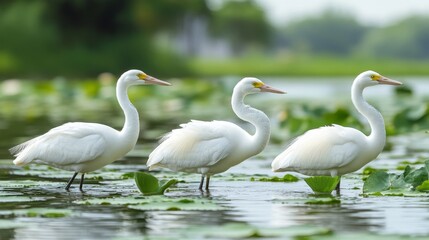 Obraz premium Three Elegant Egrets Strolling Serenely Through a Lush Green Lily Pad Pond on a Tranquil Morning