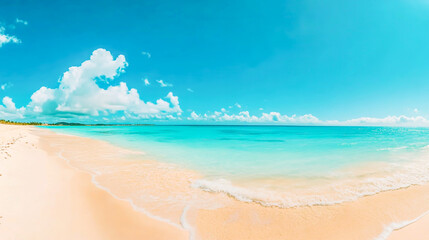 Obraz premium Expansive panoramic view of a golden sandy beach under clear blue skies, banner format with ample copy space, perfect for travel, summer, and coastal scenery
