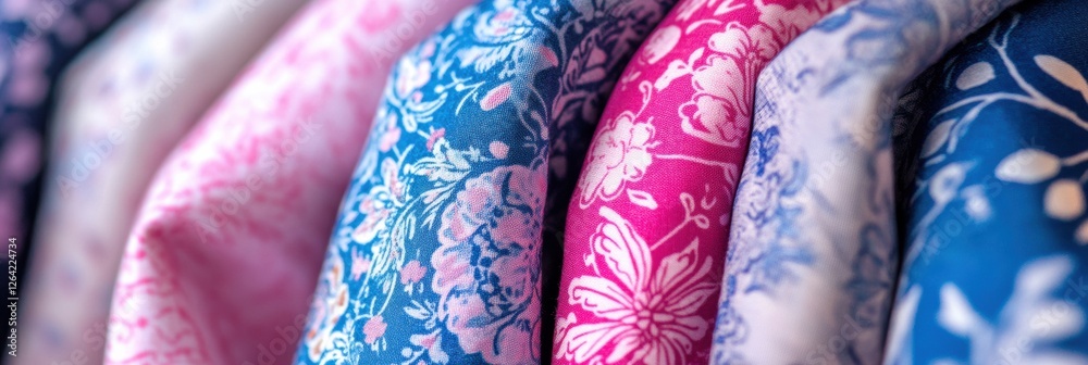 Fototapete close up view of vibrant patterned fabrics featuring floral and geometric designs with blank space f