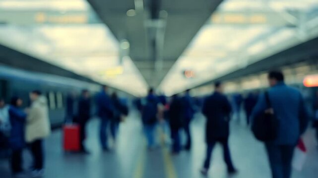 A blurry image of a crowded train station with people carrying luggage. Scene is busy and bustling, with people rushing to catch their trains