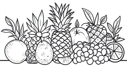 Tropical fruit line art; oranges, pineapple, grapes; healthy eating; design element