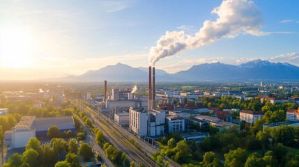 Industrial plant sunset aerial view, mountain backdrop