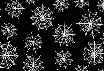 Seamless Cobweb Vector Pattern - White Webs on Black, Gothic Halloween Design for Decorations, Invitations, and Creepy Autumn Backgrounds

