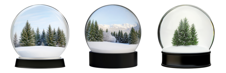 Enchanting Winter Snow Globes with Scenic Landscapes Isolated on transparent background