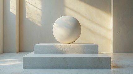 Minimalist sculpture of a sphere on a pedestal in a sunlit, modern interior space