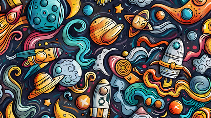 Vibrant cosmic illustration featuring rockets, planets, and swirling galaxies in a colorful space scene