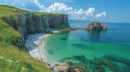 Serene coastal landscape featuring a sandy beach, rocky cliffs, and clear turquoise waters under a blue sky