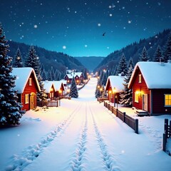 Naklejka premium Snowy village scene with Christmas lights and houses, christmas lights, winter landscape