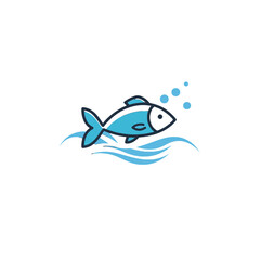 Blue Cartoon Fish Icon with Bubbles and Wavy Water Design