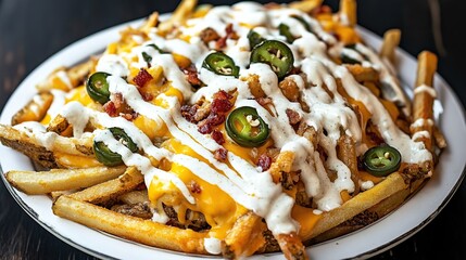 A plate of loaded fries with crispy fries, melted cheese, bacon bits, jalapenos, and a drizzle of ranch dressing 