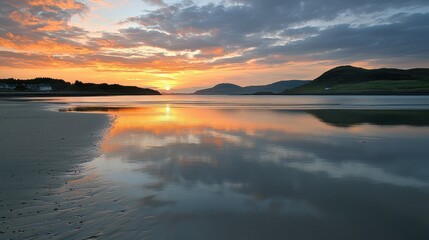 Stunning Sunset Over Coastal Beachscape With Mountains