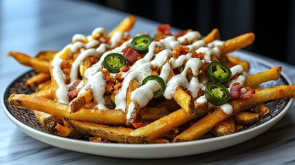 A plate of loaded fries with crispy fries, melted cheese, bacon bits, jalapenos, and a drizzle of ranch dressing 