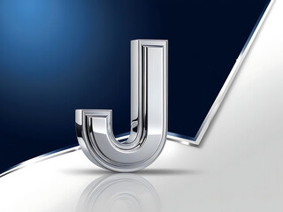 glossy 4D letter "J" with sharp reflections, set against a contrasting cool-toned background with deep blue 