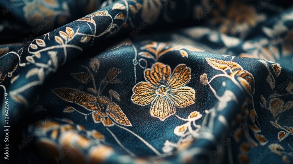 Poster Close up view of rich patterned fabrics featuring floral and geometric designs with ample space for custom text layouts. Generative AI