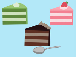 Slice cake with greentea, strawberry and chocholate flavour