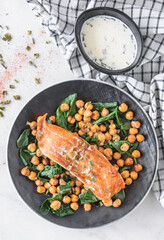 Boiled salmon and vegetables 