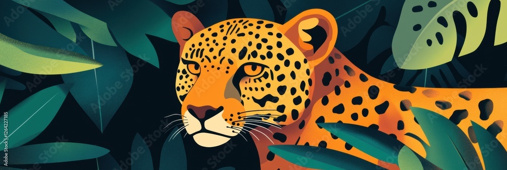 Poster leopard rests quietly among lush green foliage in a vibrant jungle setting during daytime. generativ