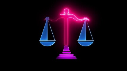 Digital Animation of Justice icon. Concept of Justice legal, court and punishment Law and justice.  Glowing neon Scales of justice icon isolated on black background.