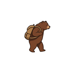 Cartoon Brown Bear Hiking with Backpack in Minimalist Style
