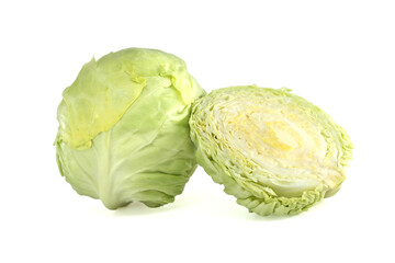Whole and Halved Green Cabbage Displayed on a White Background