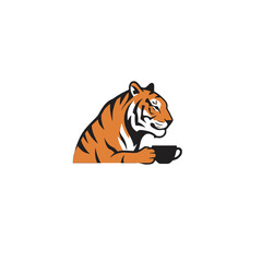 Illustration of a Relaxed Tiger Drinking Coffee from a Mug on a White Background