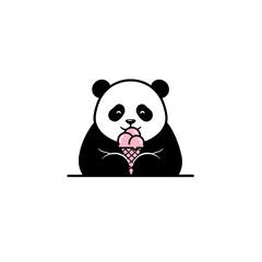 Adorable Panda Eating a Pink Ice Cream Cone Illustration