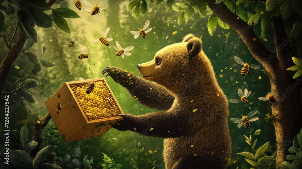 Aufkleber bear collects honey from a hive surrounded by buzzing bees in a lush forest during the golden hour. 
