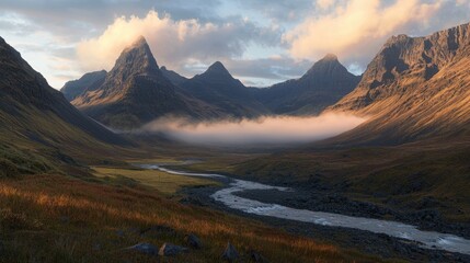 Majestic mountain landscape at sunset with misty river valley and dramatic cloud formations