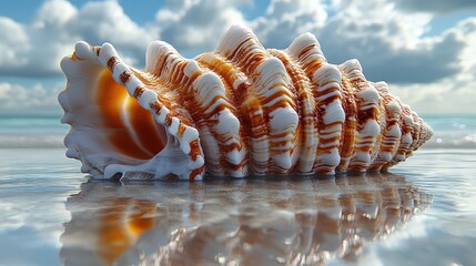 Close-up of a beautifully patterned seashell resting on a sandy beach with waves and clouds