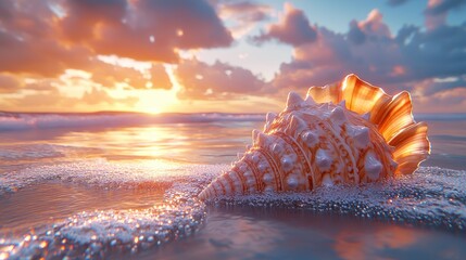 Beautiful seashell resting on sandy beach at sunset with gentle waves and colorful clouds