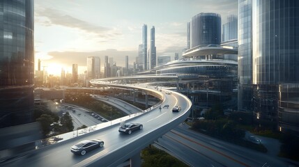 Fototapeta premium Futuristic elevated expressway curving through urban landscape at sunset