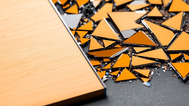 Close-up of shattered orange and mirror-like triangular pieces on a textured black surface