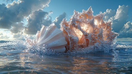 A large seashell emerging from ocean waves under a vibrant sky, showcasing nature's beauty