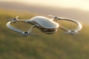 High-tech camera drones with sleek designs, one hovering mid-air at sunset and another resting on pavement, showcasing advanced aerial technology.  
