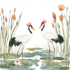 Obraz premium Elegant cranes in realistic boho style reflected on water surface