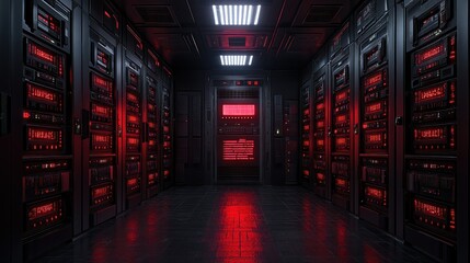 Cyberpunk Server Room: Red Glowing Servers in a Dark Digital Space