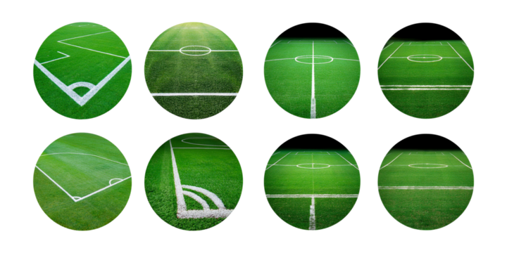 Detailed Views of Soccer Field Markings on Fresh Green Grass, isolated on transparent background