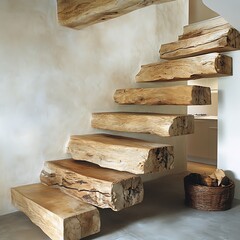 Rustic Wooden Staircase in Modern Home Interior.