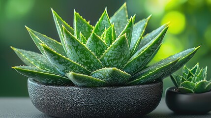Close-up of vibrant green succulent plants in decorative pots against a blurred natural background