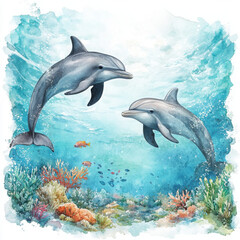 Obraz premium Two dolphins swimming happily in clear blue ocean water