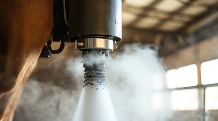 Close-up of a cow's udder being sanitized by an automated pre-milking teat cleaning system.