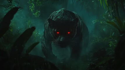 Black panther stalking in misty jungle at night; wildlife illustration