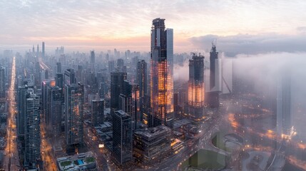 Fototapeta premium Stunning Aerial Cityscape Skyscrapers Dawn Fog Urban Panorama