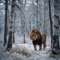 Ice Age Panthera leo fossilis Hunting Woolly Mammoths in a Snow-Covered Forest